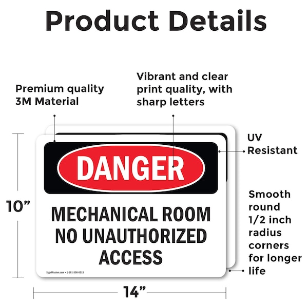 Mechanical Room No Unauthorized Access Danger Sign, Vinyl Decal, 14in W X 10in L, 2PK